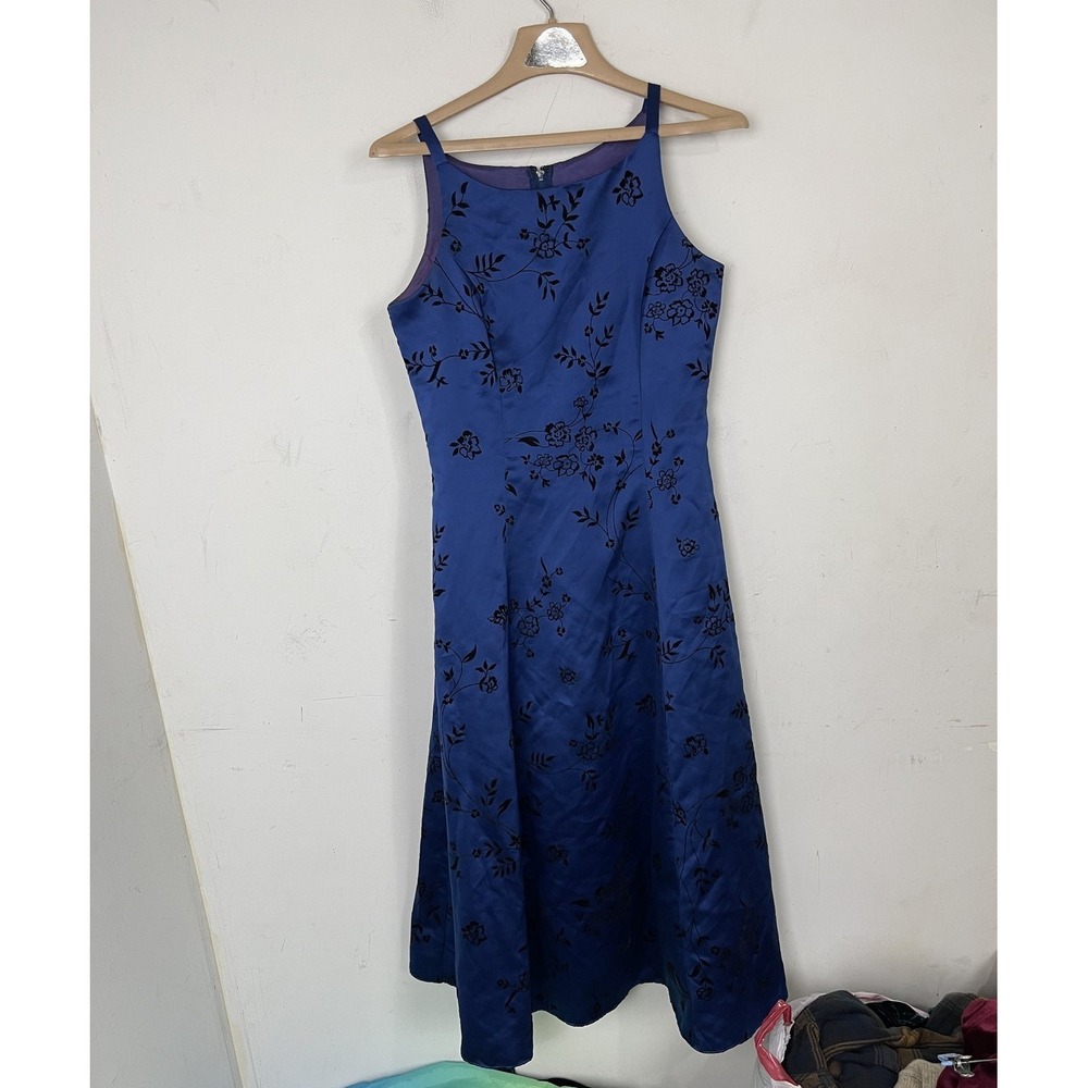 Betsy & Adam‎ Womens Dress 6 Retro Hoco Prom Cocktail Velvet Flocked Blue Floral